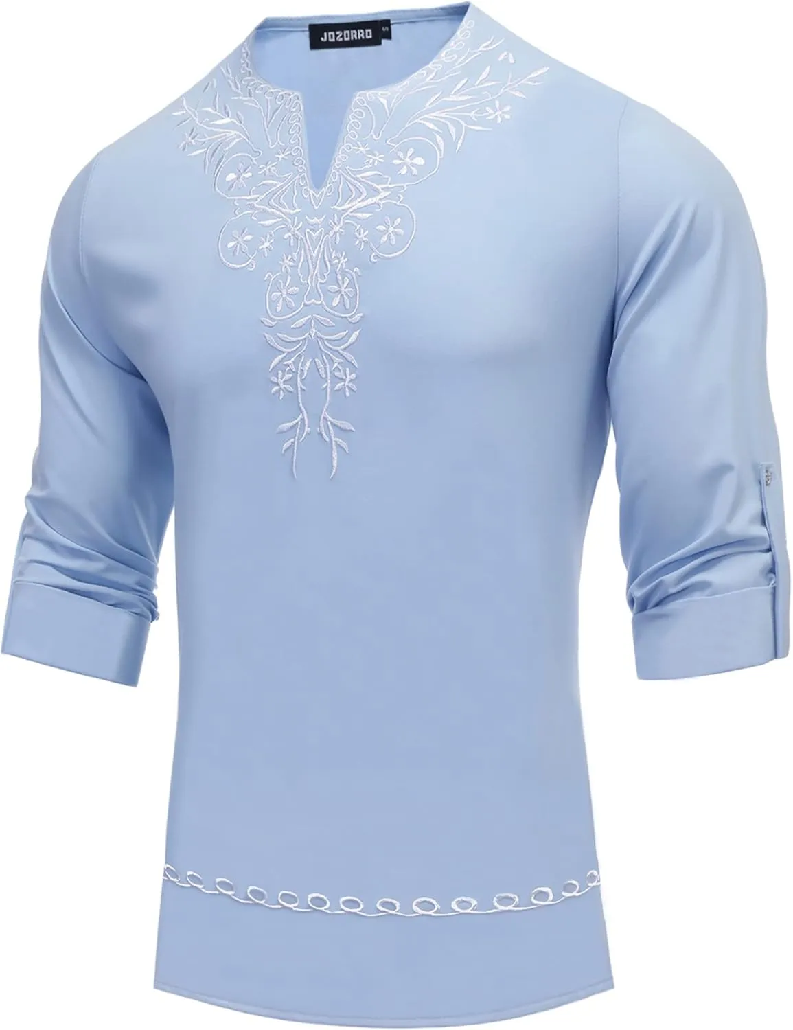 JoZorro Mens Polyester Linen V Neck Henley Shirt Long Sleeve Caftan Handmade Tunic Embroidered Casual Beach T Shirts