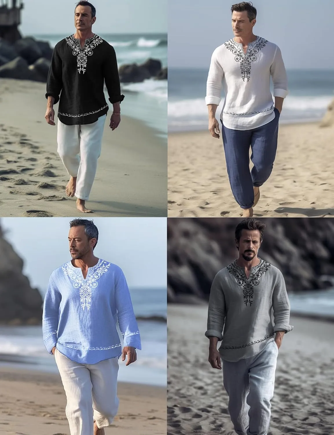 JoZorro Mens Polyester Linen V Neck Henley Shirt Long Sleeve Caftan Handmade Tunic Embroidered Casual Beach T Shirts