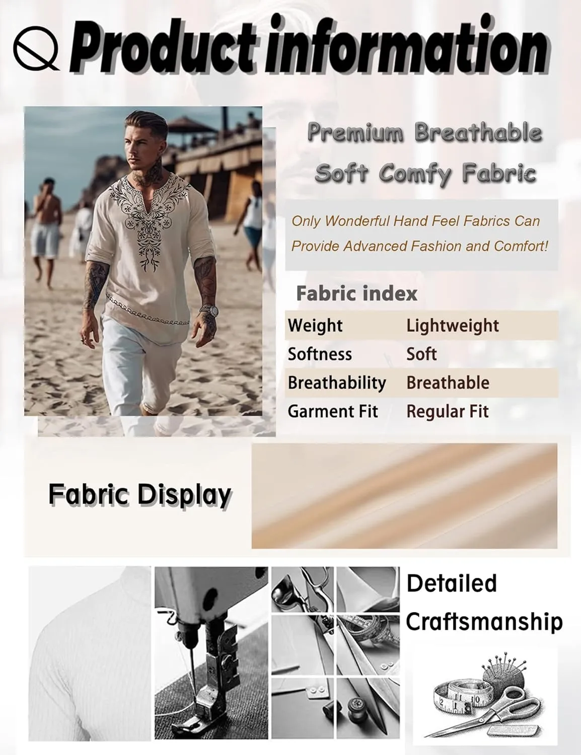 JoZorro Mens Polyester Linen V Neck Henley Shirt Long Sleeve Caftan Handmade Tunic Embroidered Casual Beach T Shirts