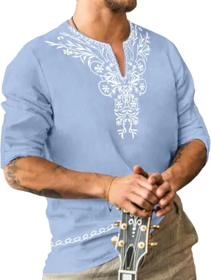 JoZorro Mens Polyester Linen V Neck Henley Shirt Long Sleeve Caftan Handmade Tunic Embroidered Casual Beach T Shirts