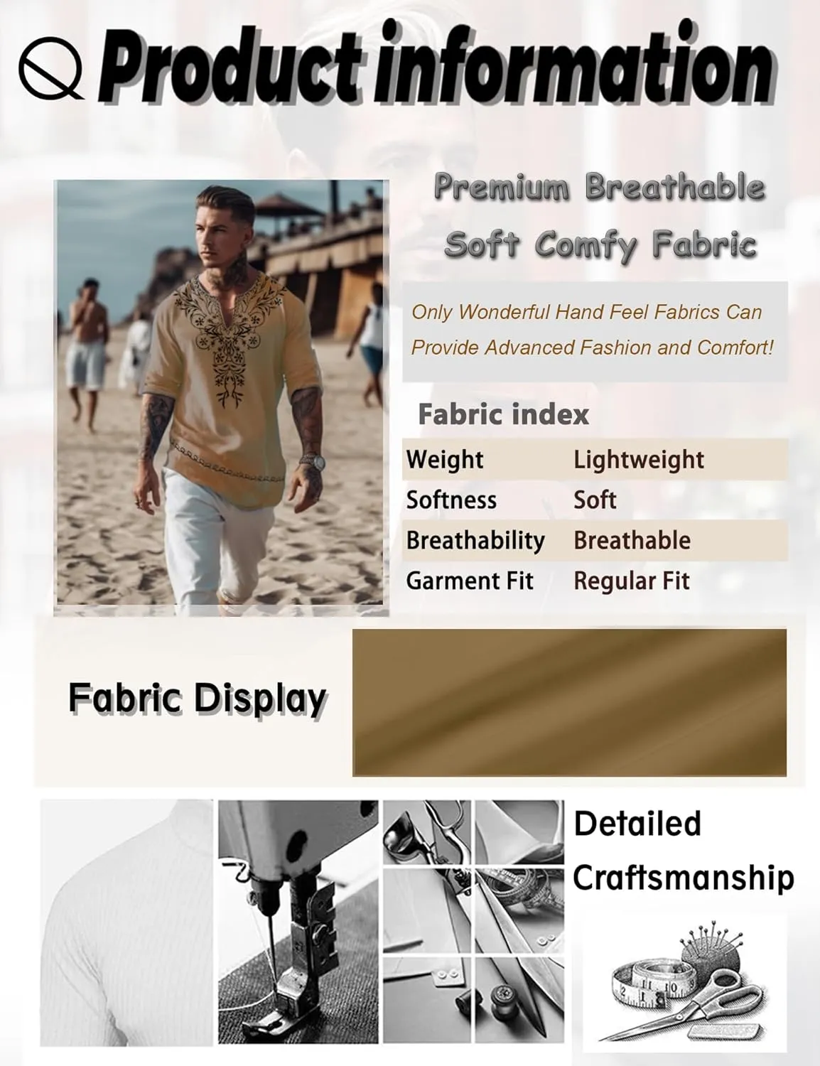 JoZorro Mens Polyester Linen V Neck Henley Shirt Long Sleeve Caftan Handmade Tunic Embroidered Casual Beach T Shirts
