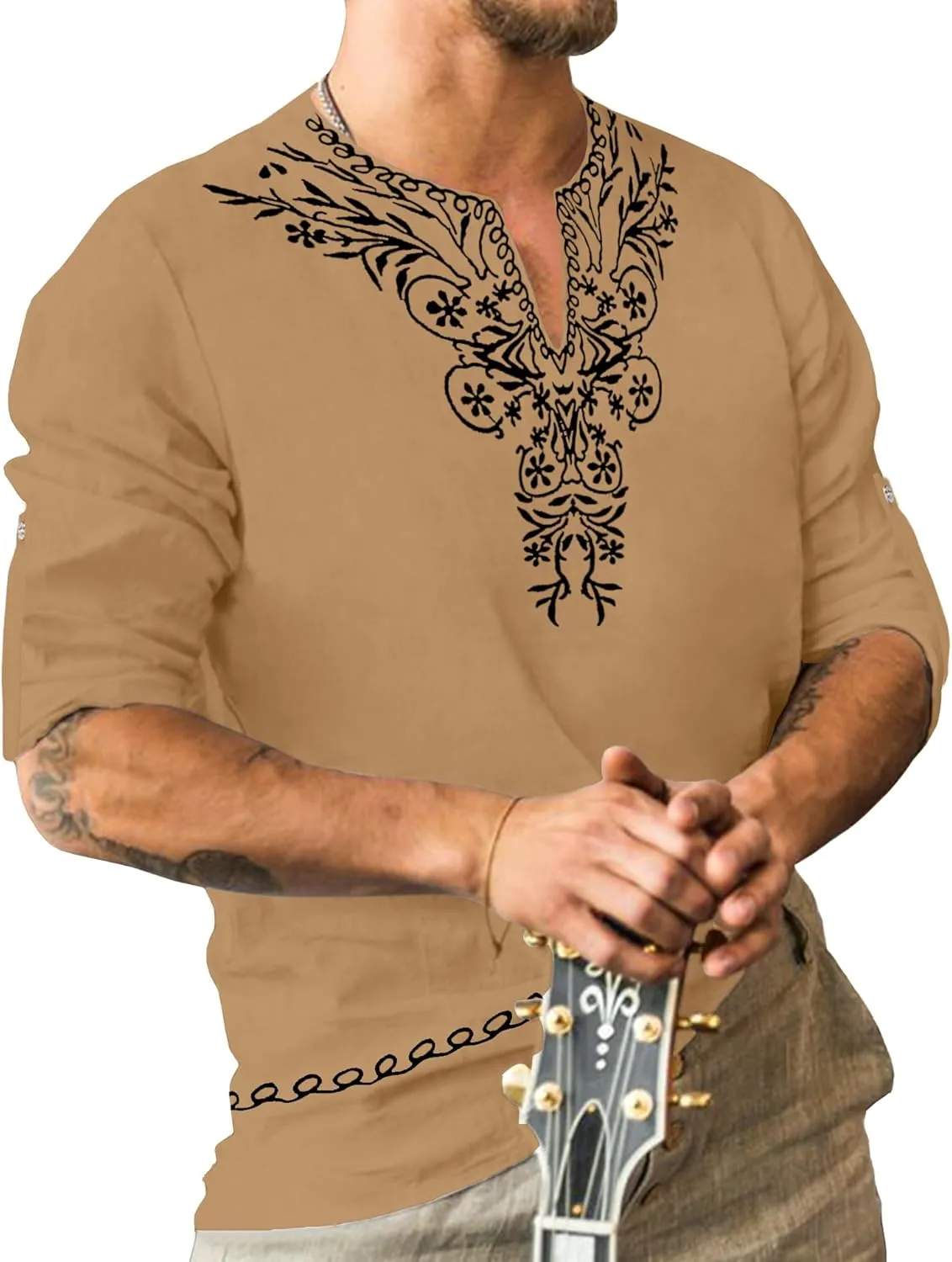 JoZorro Mens Polyester Linen V Neck Henley Shirt Long Sleeve Caftan Handmade Tunic Embroidered Casual Beach T Shirts