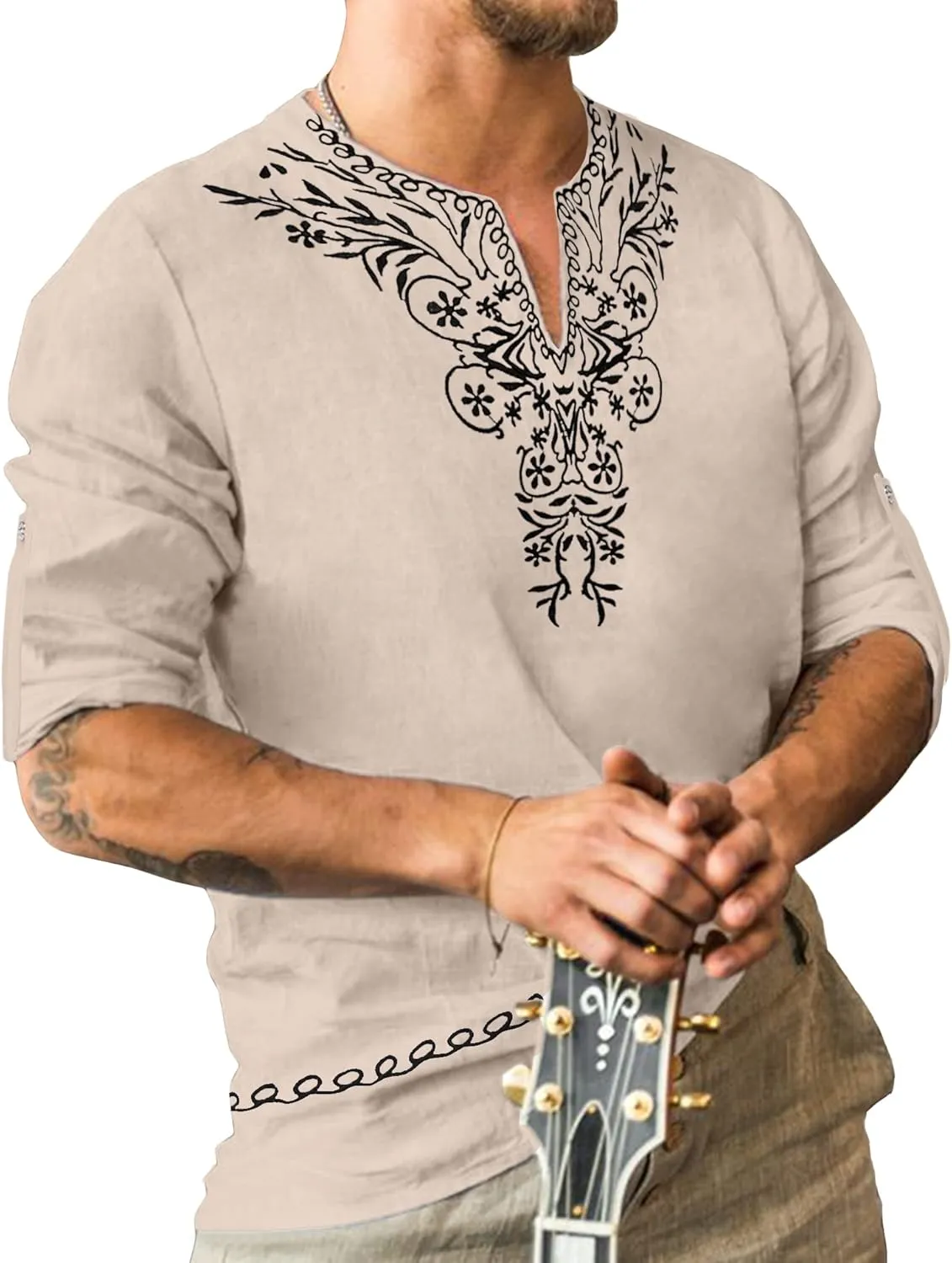 JoZorro Mens Polyester Linen V Neck Henley Shirt Long Sleeve Caftan Handmade Tunic Embroidered Casual Beach T Shirts