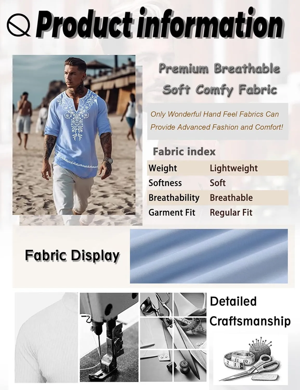 JoZorro Mens Polyester Linen V Neck Henley Shirt Long Sleeve Caftan Handmade Tunic Embroidered Casual Beach T Shirts