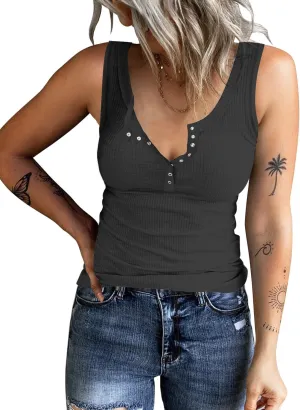 KINLONSAIR Women's Sleeveless Henley Tank Tops Summer Ribbed Button Down Casual T Shirts Slim Fit V Neck Tee Tops