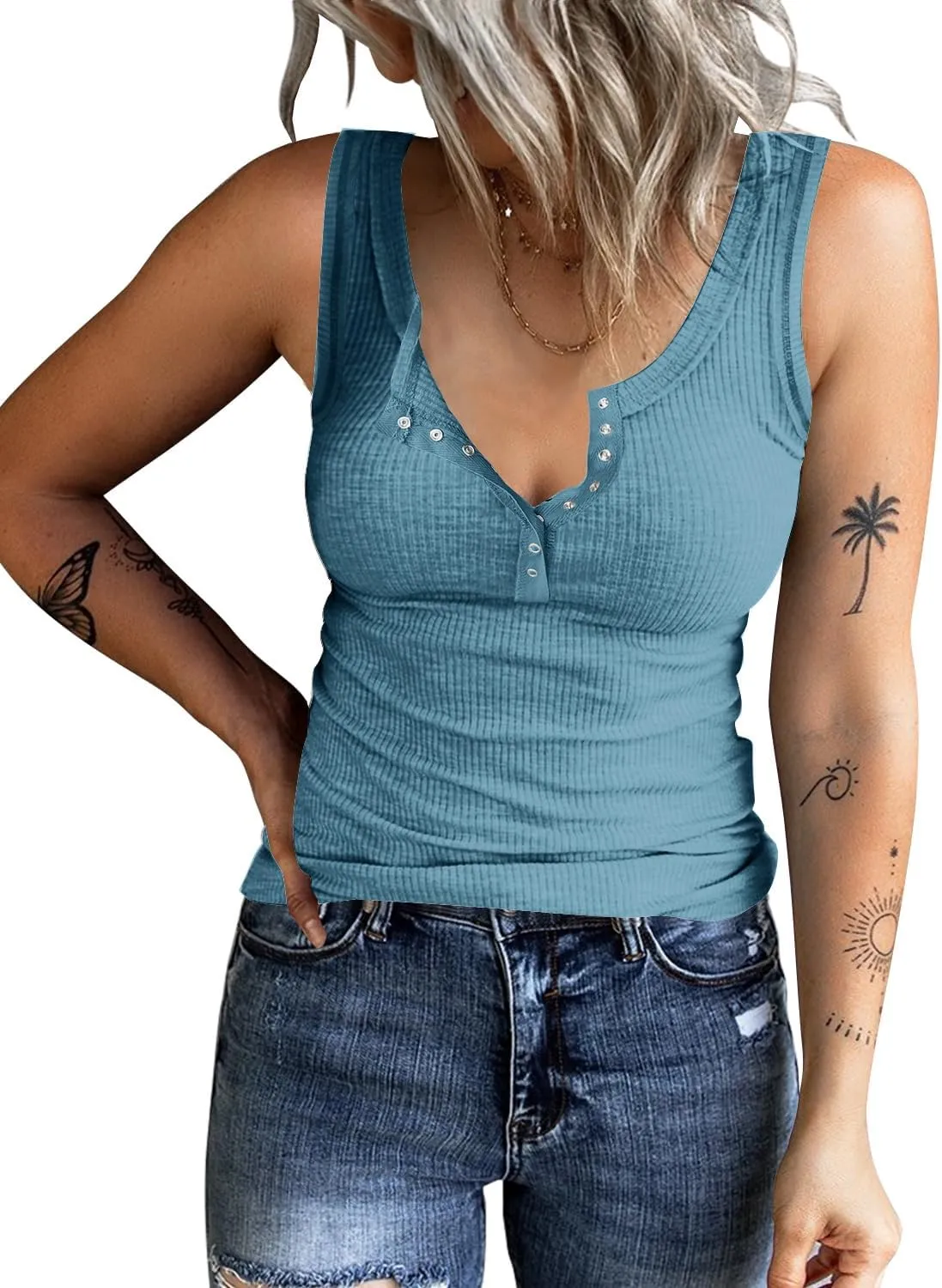 KINLONSAIR Women's Sleeveless Henley Tank Tops Summer Ribbed Button Down Casual T Shirts Slim Fit V Neck Tee Tops