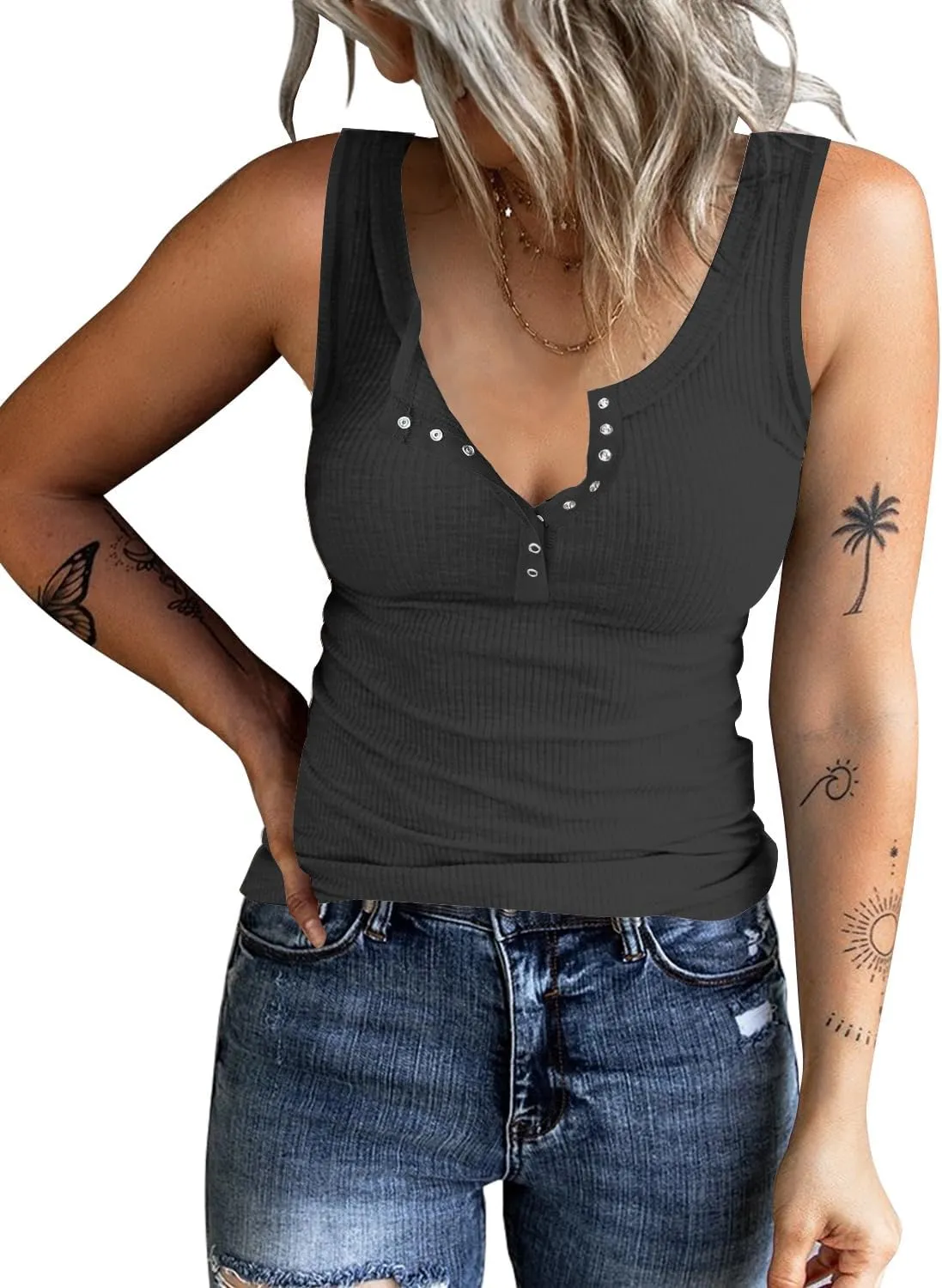 KINLONSAIR Women's Sleeveless Henley Tank Tops Summer Ribbed Button Down Casual T Shirts Slim Fit V Neck Tee Tops