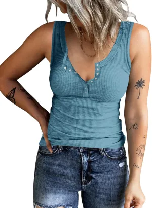 KINLONSAIR Women's Sleeveless Henley Tank Tops Summer Ribbed Button Down Casual T Shirts Slim Fit V Neck Tee Tops