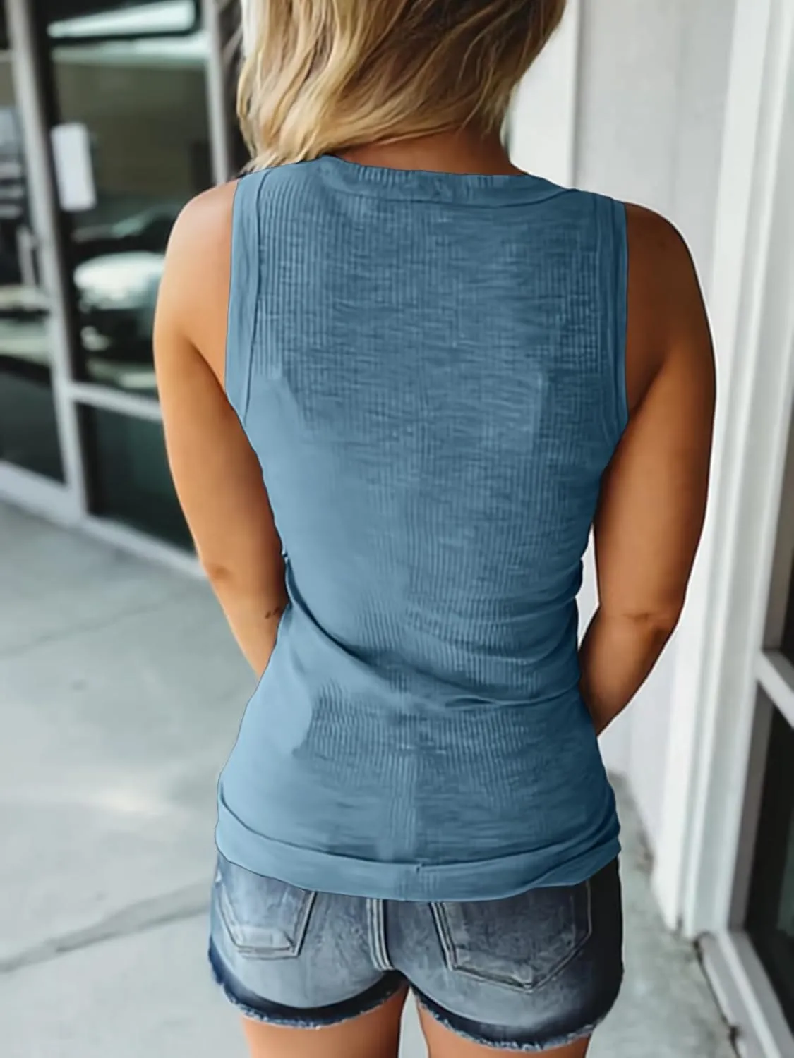 KINLONSAIR Women's Sleeveless Henley Tank Tops Summer Ribbed Button Down Casual T Shirts Slim Fit V Neck Tee Tops