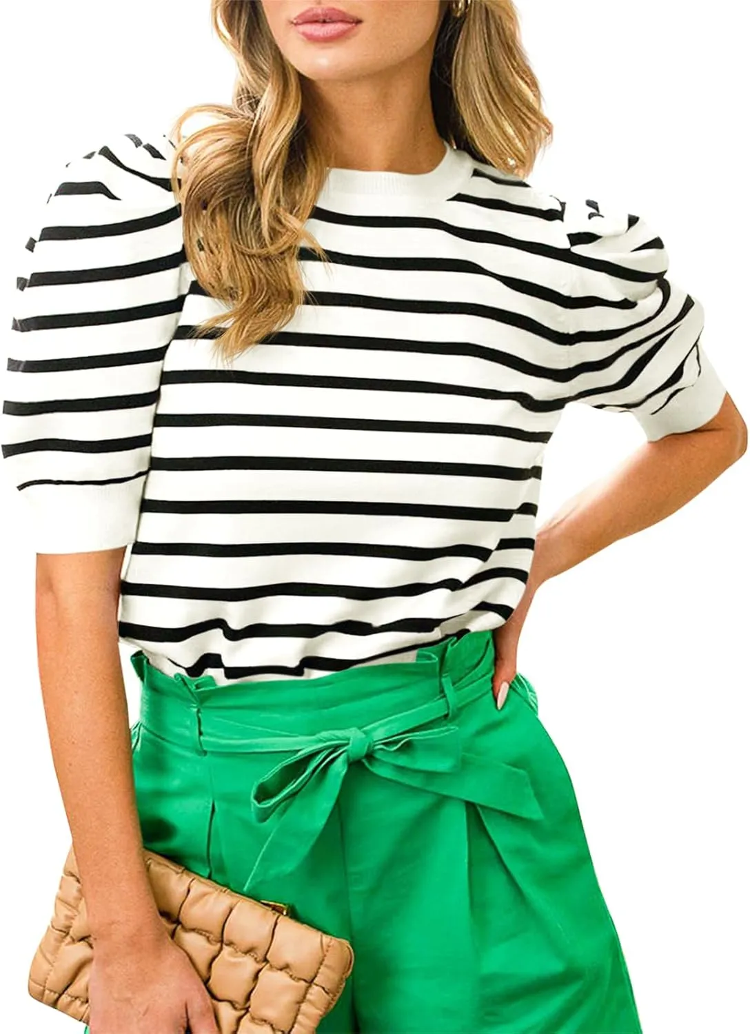 Langwyqu Womens Striped Sweaters Puff Short Sleeve Tops Crew Neck 2024 Spring Summer Trendy Casual Knit T Shirts
