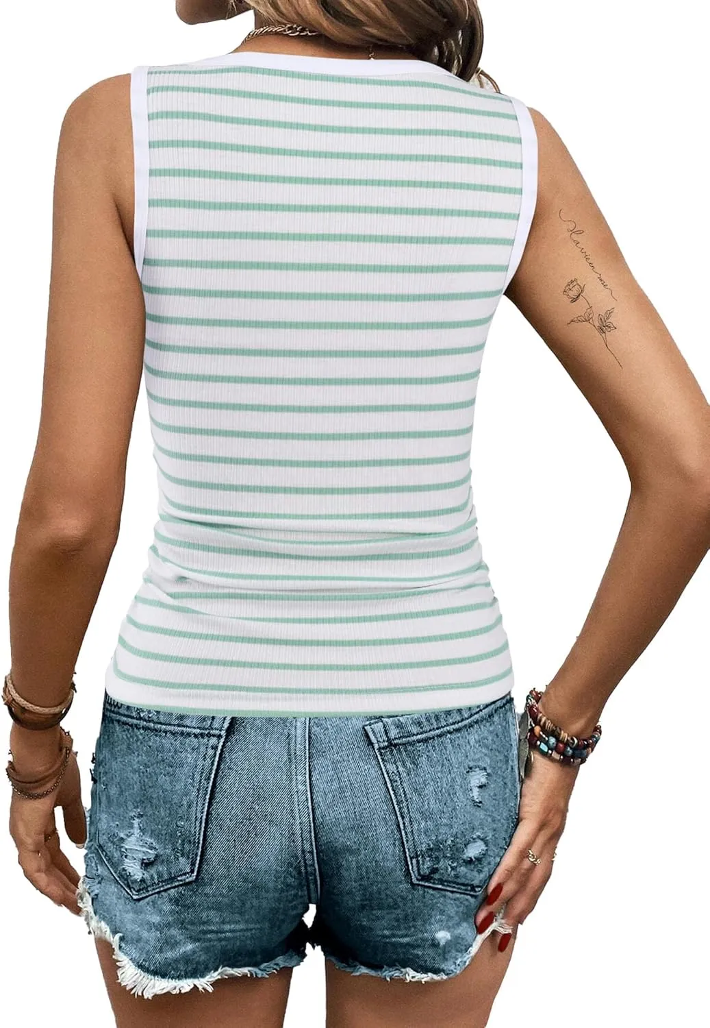 LilyCoco Womens Ribbed Tank Tops Striped Shirt Crew Neck Sleeveless Side Ruched Top