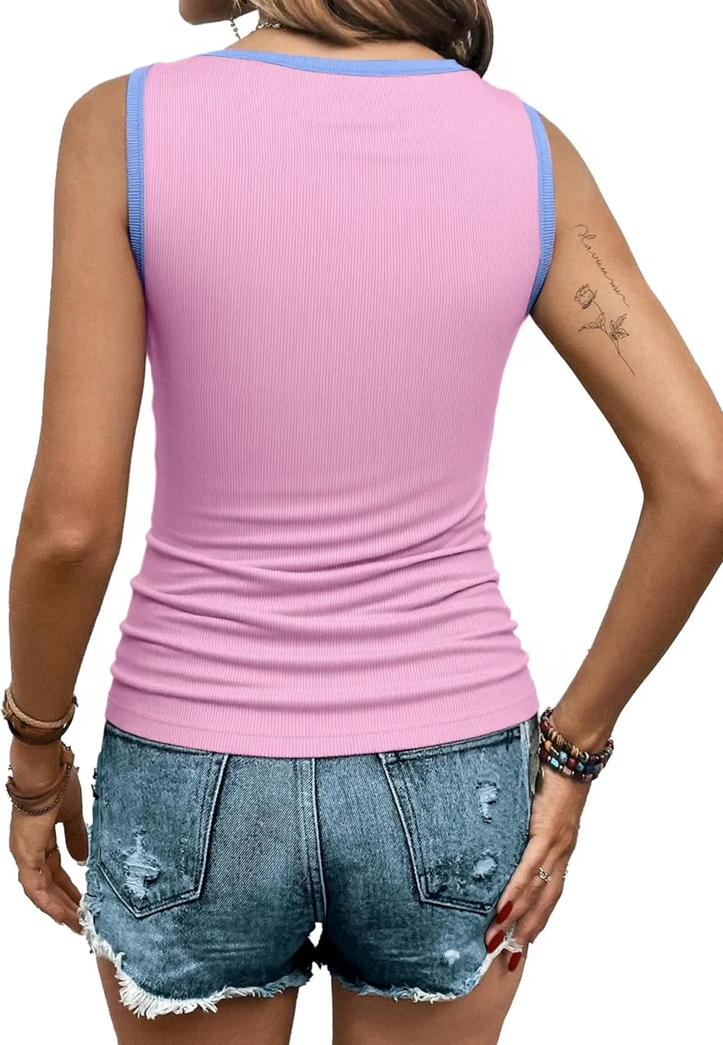 LilyCoco Womens Ribbed Tank Tops Striped Shirt Crew Neck Sleeveless Side Ruched Top