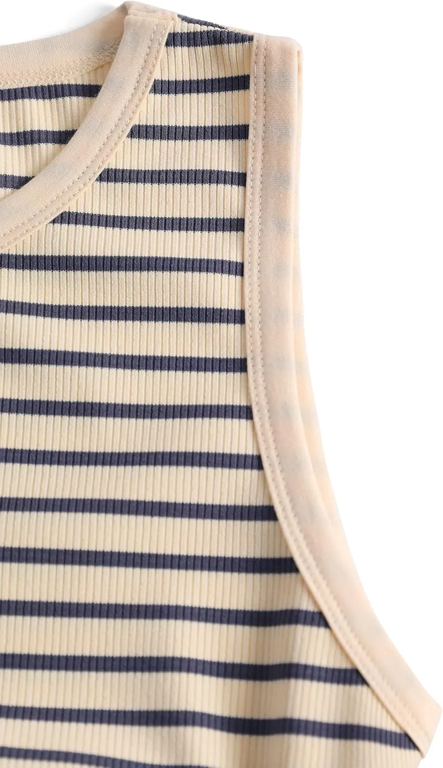 LilyCoco Womens Ribbed Tank Tops Striped Shirt Crew Neck Sleeveless Side Ruched Top