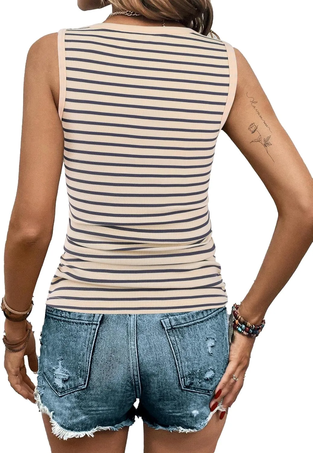 LilyCoco Womens Ribbed Tank Tops Striped Shirt Crew Neck Sleeveless Side Ruched Top