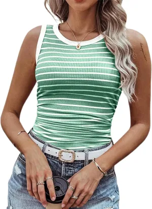 LilyCoco Womens Ribbed Tank Tops Striped Shirt Crew Neck Sleeveless Side Ruched Top