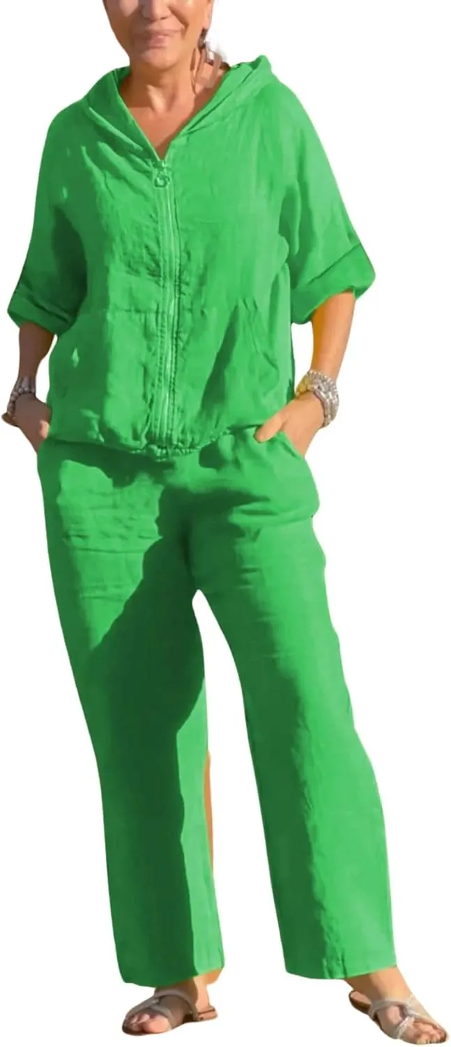 Linen Outfits for Women 2 Piece Linen Pant Sets Long Sleeve Zipper Hoodies Wide Leg Pants Suits Linen Clothing Sets