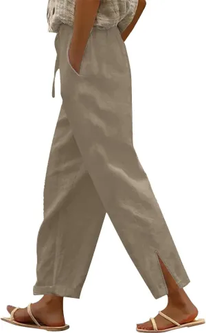 Linen Pants for Women 2025 Trendy Summer High Waist Elastic Lounge Pant Loose Fit Soft Lightweight Beach Trousers