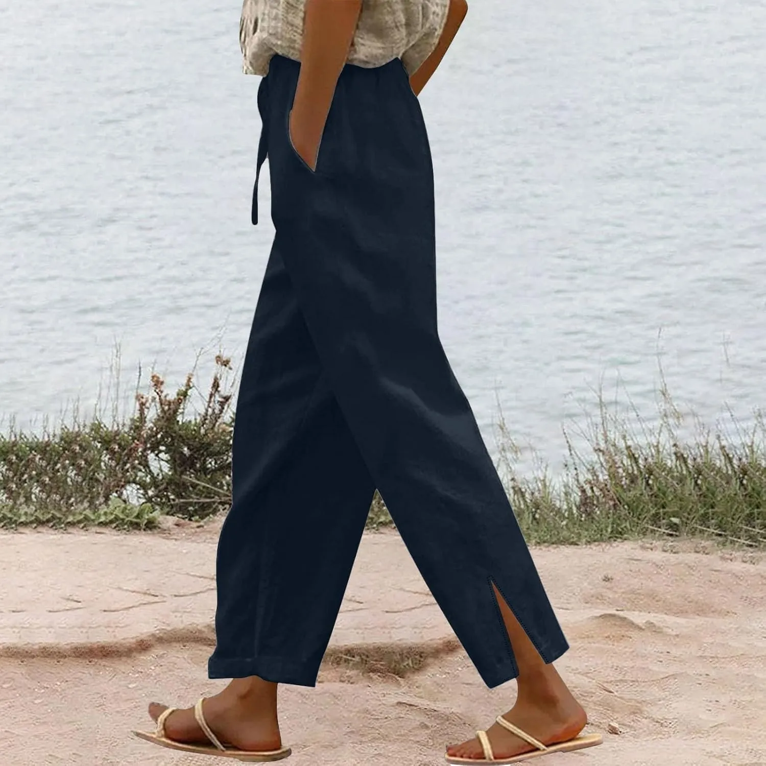 Linen Pants for Women 2025 Trendy Summer High Waist Elastic Lounge Pant Loose Fit Soft Lightweight Beach Trousers