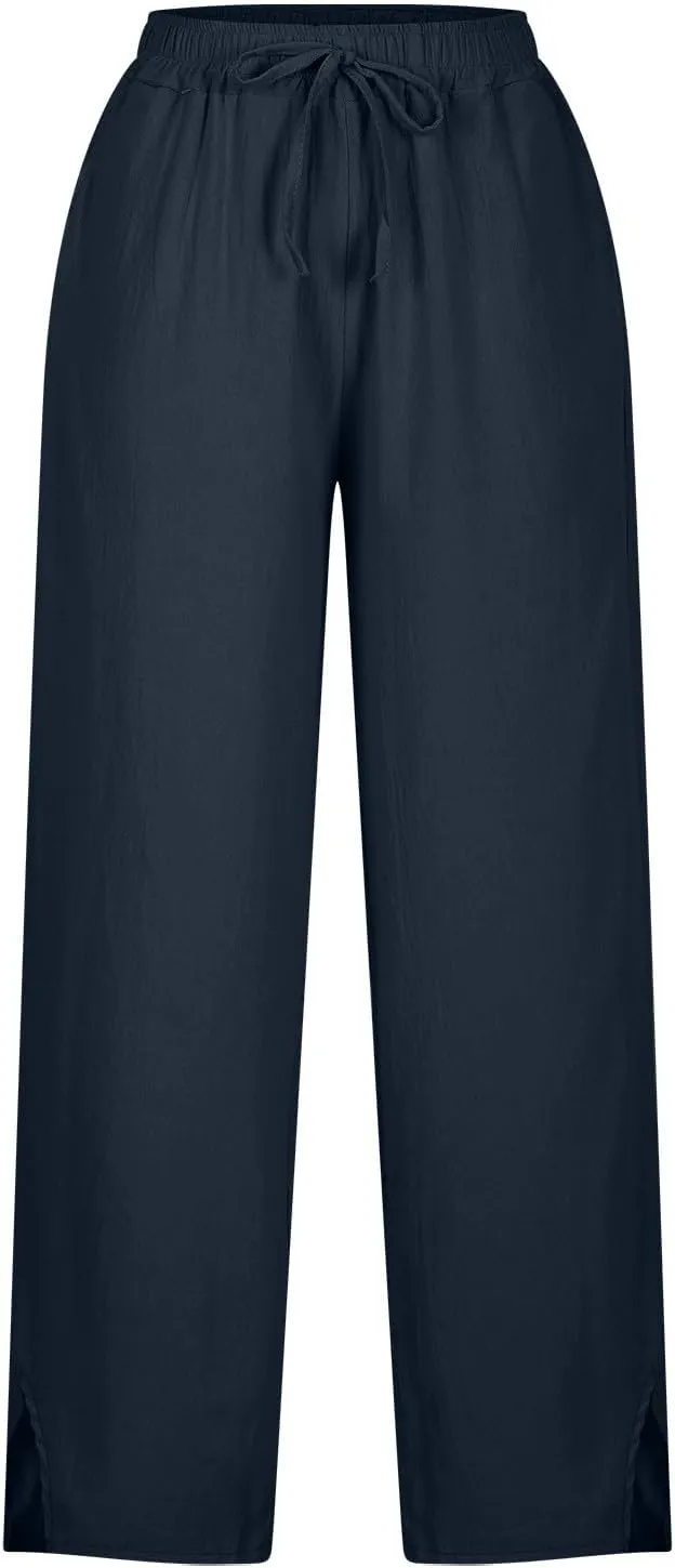 Linen Pants for Women 2025 Trendy Summer High Waist Elastic Lounge Pant Loose Fit Soft Lightweight Beach Trousers