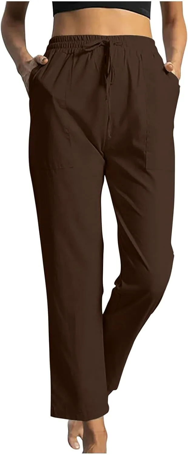 Linen Pants Women Casual Summer 2025 Trendy Drawstring Comfy Lounge Trousers Cotton Straight Leg Pants with Pockets