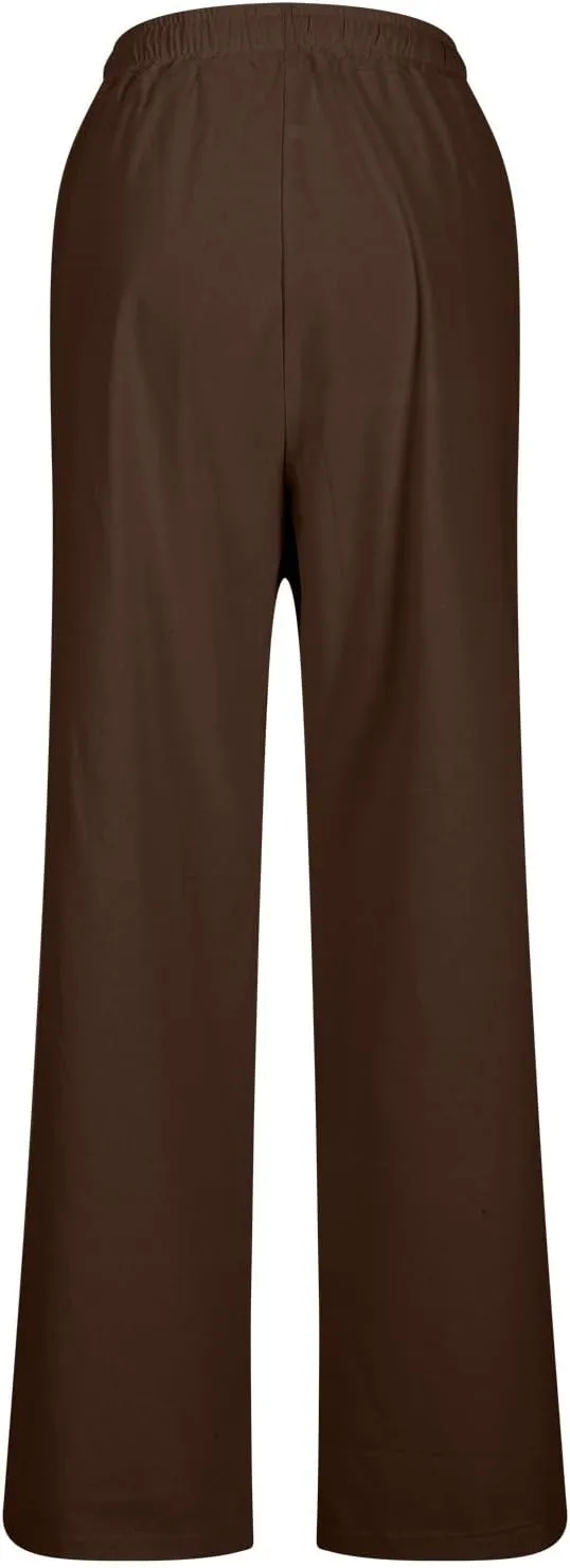 Linen Pants Women Casual Summer 2025 Trendy Drawstring Comfy Lounge Trousers Cotton Straight Leg Pants with Pockets
