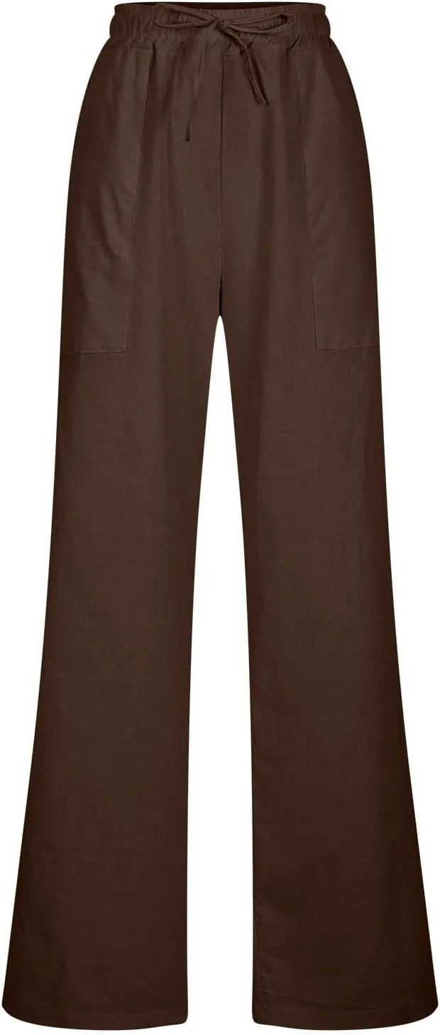 Linen Pants Women Casual Summer 2025 Trendy Drawstring Comfy Lounge Trousers Cotton Straight Leg Pants with Pockets