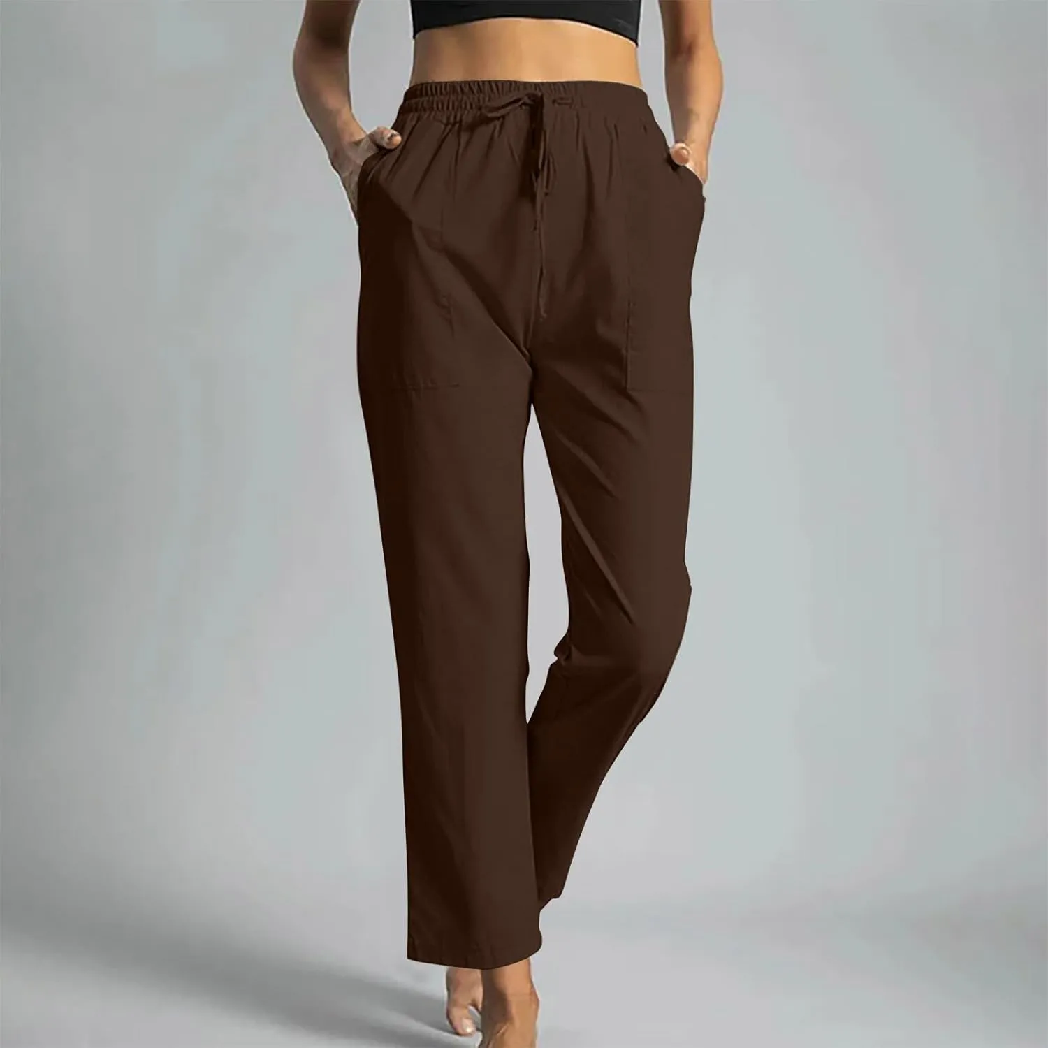 Linen Pants Women Casual Summer 2025 Trendy Drawstring Comfy Lounge Trousers Cotton Straight Leg Pants with Pockets