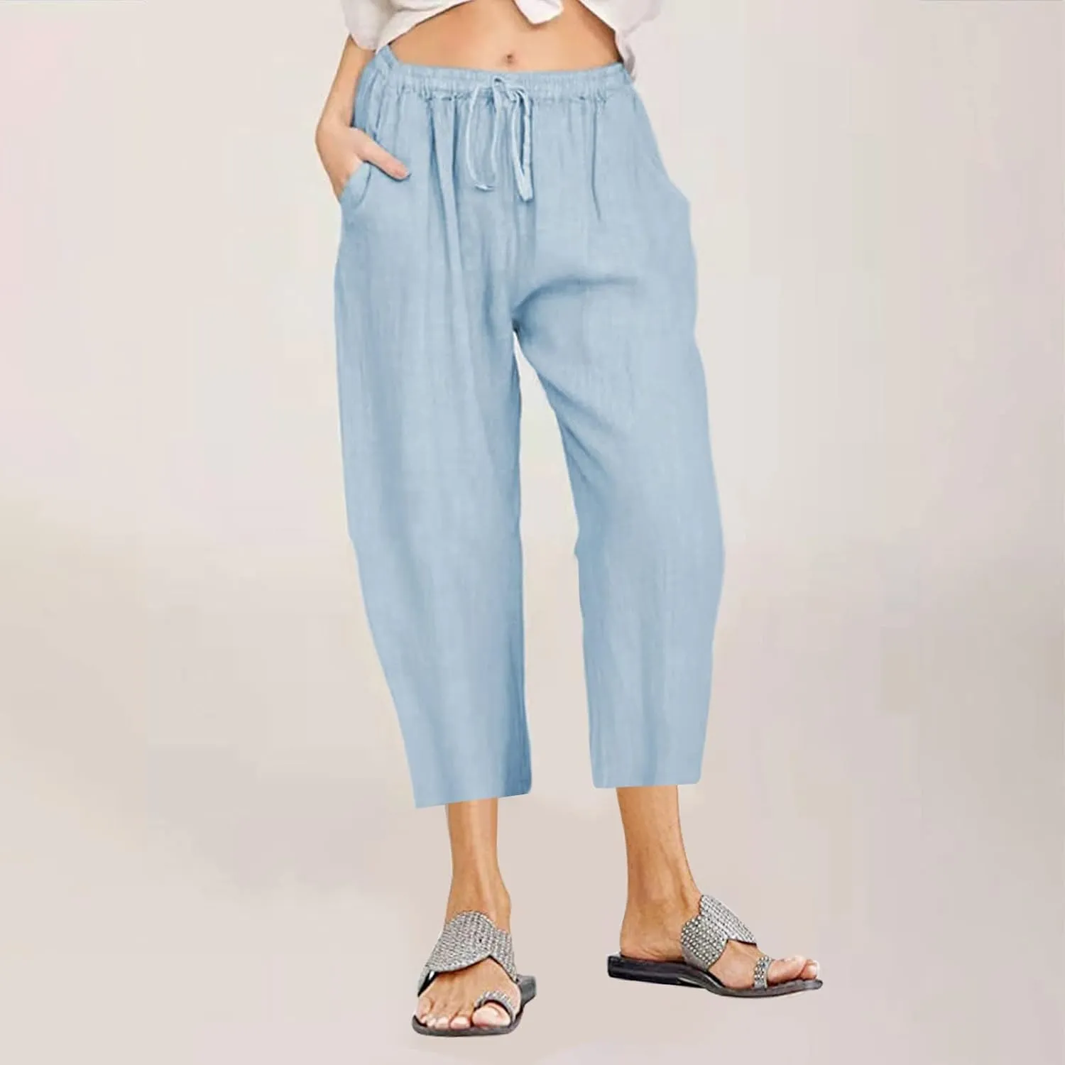 Linen Pants Women Summer Casual 2025 Capri Pants Drawstring Elastic High Waist Cropped Trousers with Pockets
