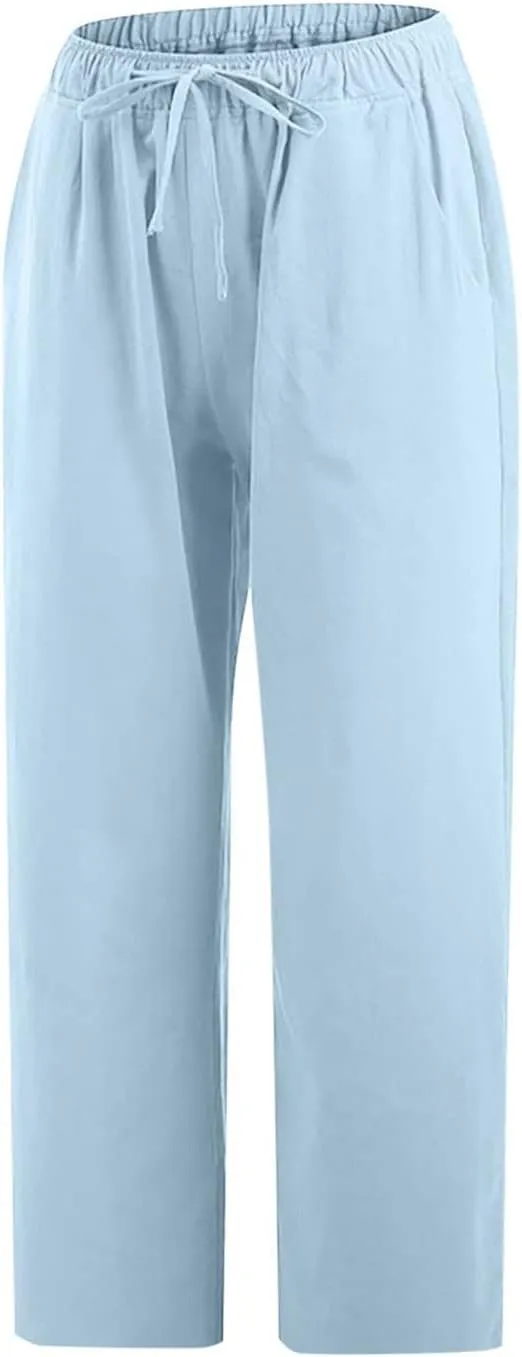 Linen Pants Women Summer Casual 2025 Capri Pants Drawstring Elastic High Waist Cropped Trousers with Pockets