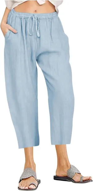 Linen Pants Women Summer Casual 2025 Capri Pants Drawstring Elastic High Waist Cropped Trousers with Pockets
