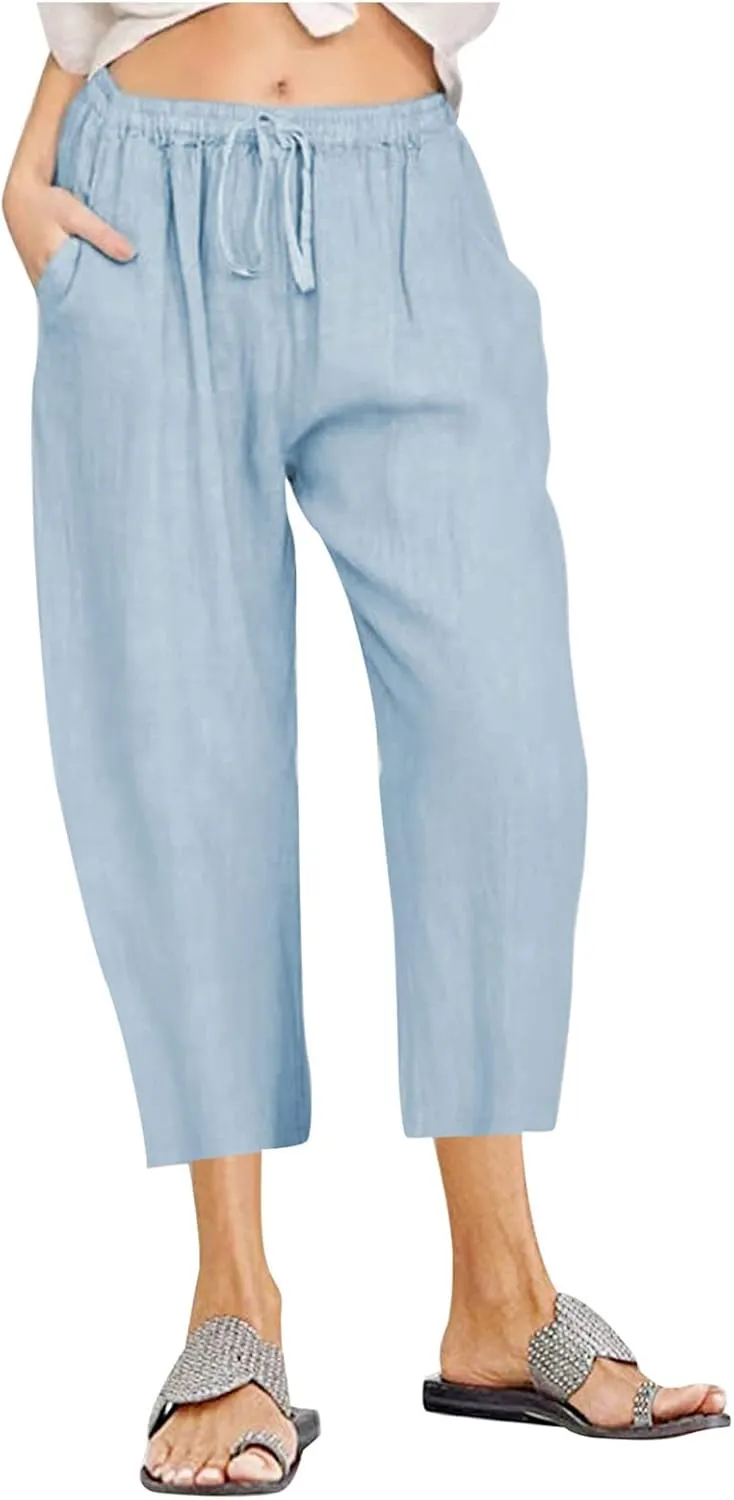 Linen Pants Women Summer Casual 2025 Capri Pants Drawstring Elastic High Waist Cropped Trousers with Pockets