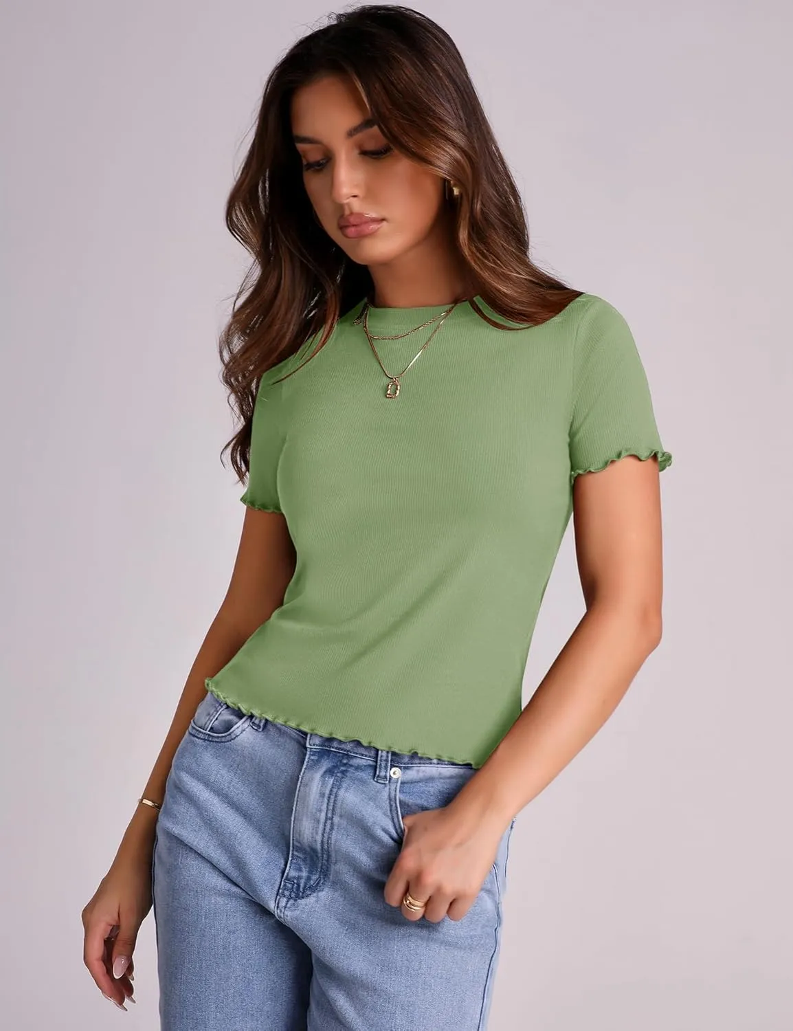 LOMON Women's Crew Neck Short Sleeves T Shirts Ribbed Fitted Summer Basic Tees Lettuce Trim Going Out Tops