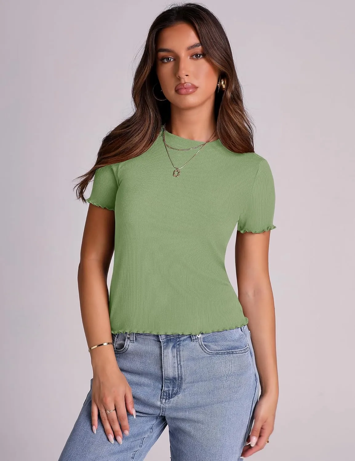 LOMON Women's Crew Neck Short Sleeves T Shirts Ribbed Fitted Summer Basic Tees Lettuce Trim Going Out Tops