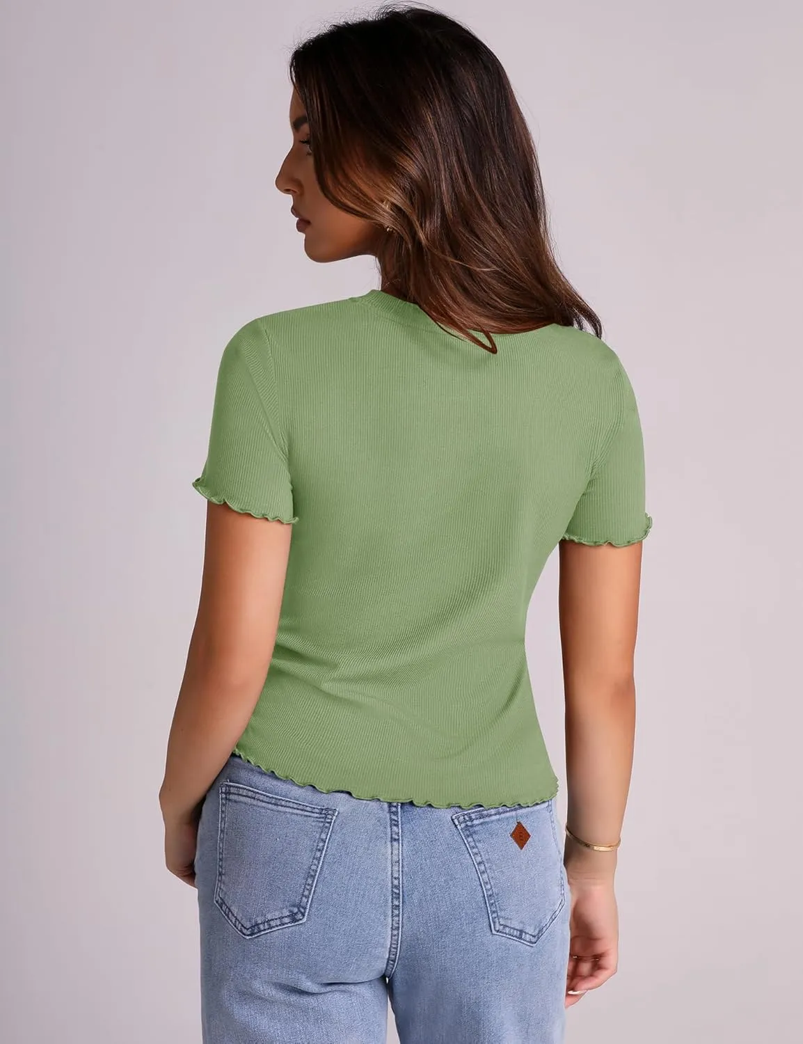 LOMON Women's Crew Neck Short Sleeves T Shirts Ribbed Fitted Summer Basic Tees Lettuce Trim Going Out Tops