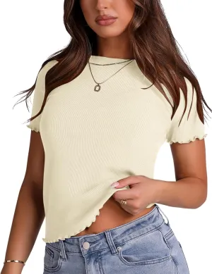 LOMON Women's Crew Neck Short Sleeves T Shirts Ribbed Fitted Summer Basic Tees Lettuce Trim Going Out Tops