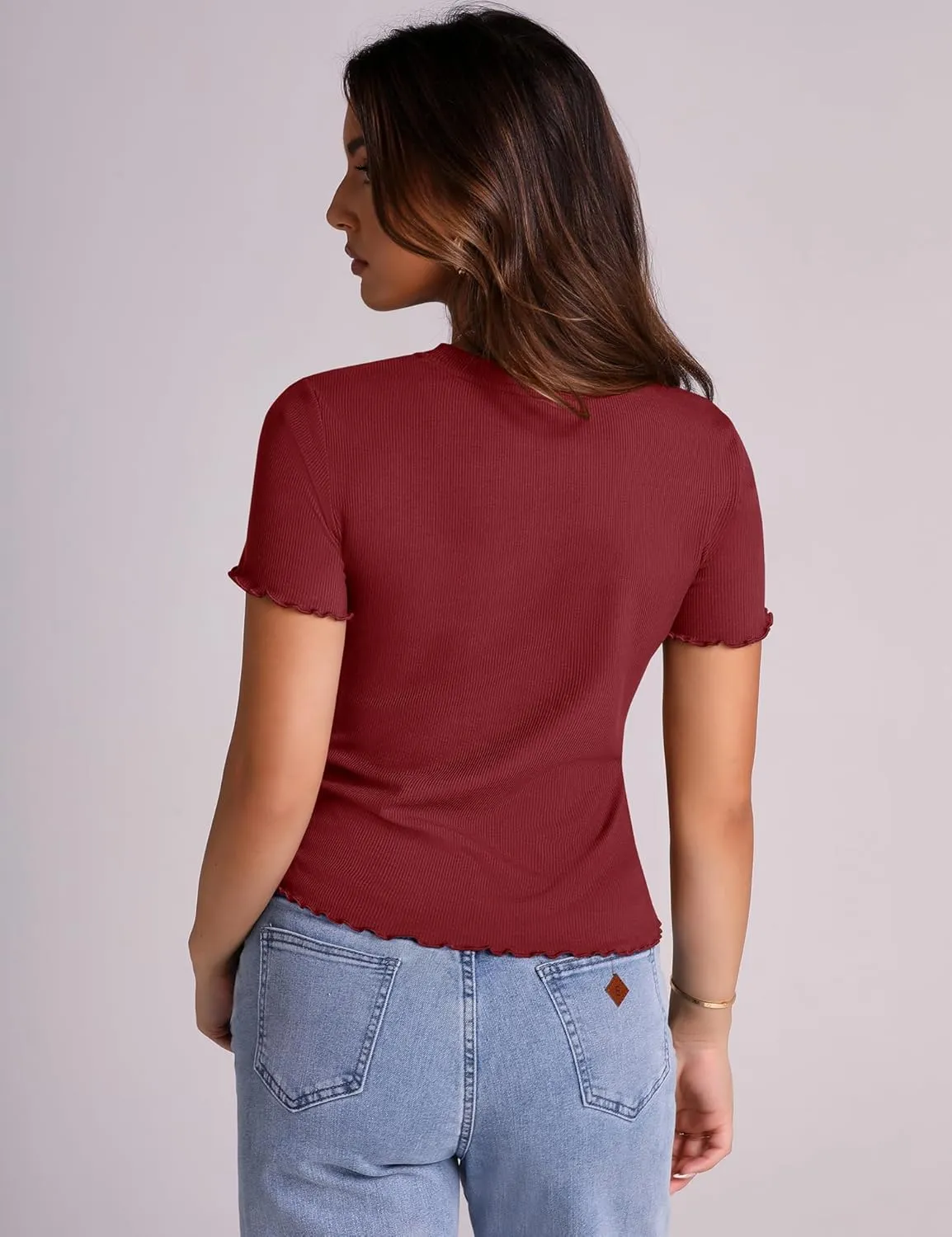 LOMON Women's Crew Neck Short Sleeves T Shirts Ribbed Fitted Summer Basic Tees Lettuce Trim Going Out Tops