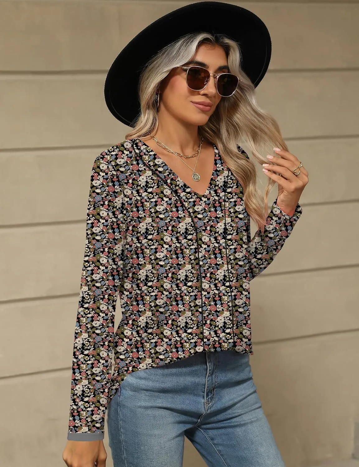 LOMON Women's Long Sleeves V Neck Blouses Dressy Casual Fashion T Shirts Textured Contrast Trimmed Tunic Tops