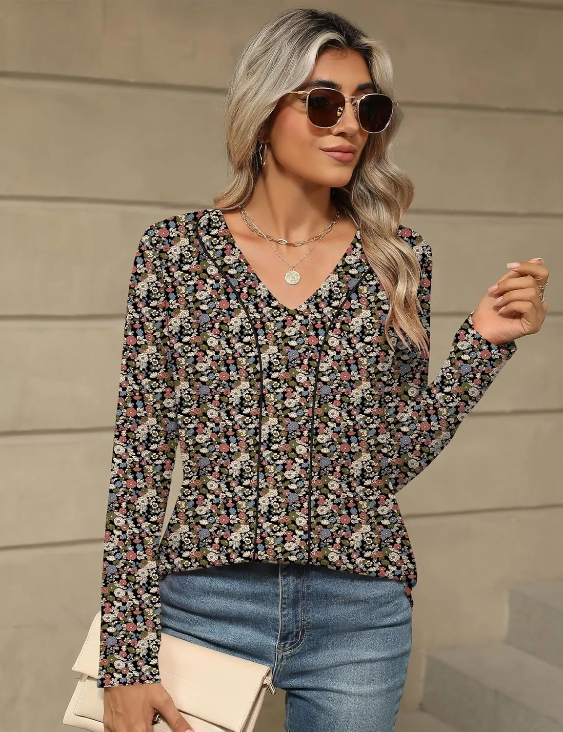 LOMON Women's Long Sleeves V Neck Blouses Dressy Casual Fashion T Shirts Textured Contrast Trimmed Tunic Tops