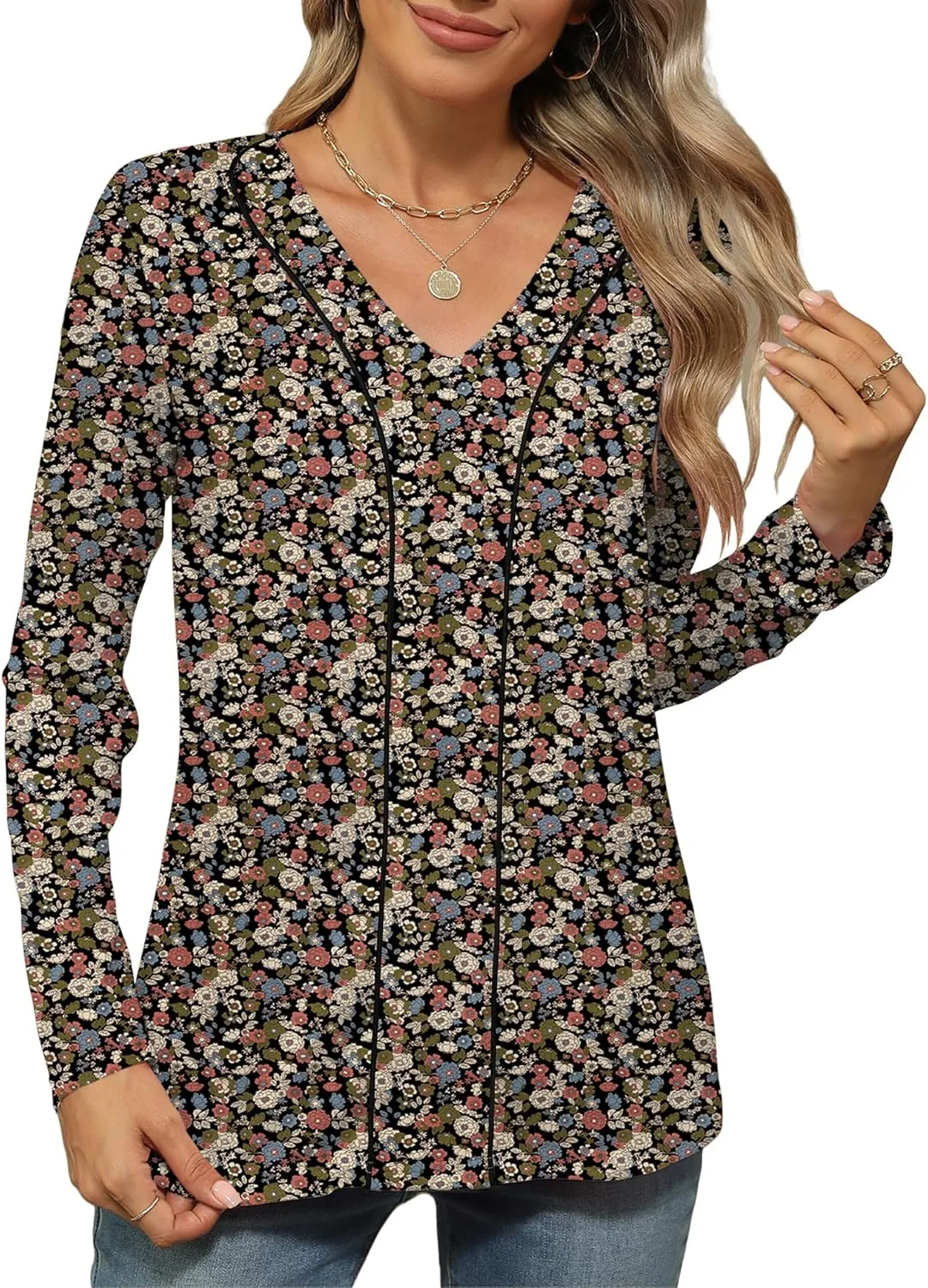 LOMON Women's Long Sleeves V Neck Blouses Dressy Casual Fashion T Shirts Textured Contrast Trimmed Tunic Tops