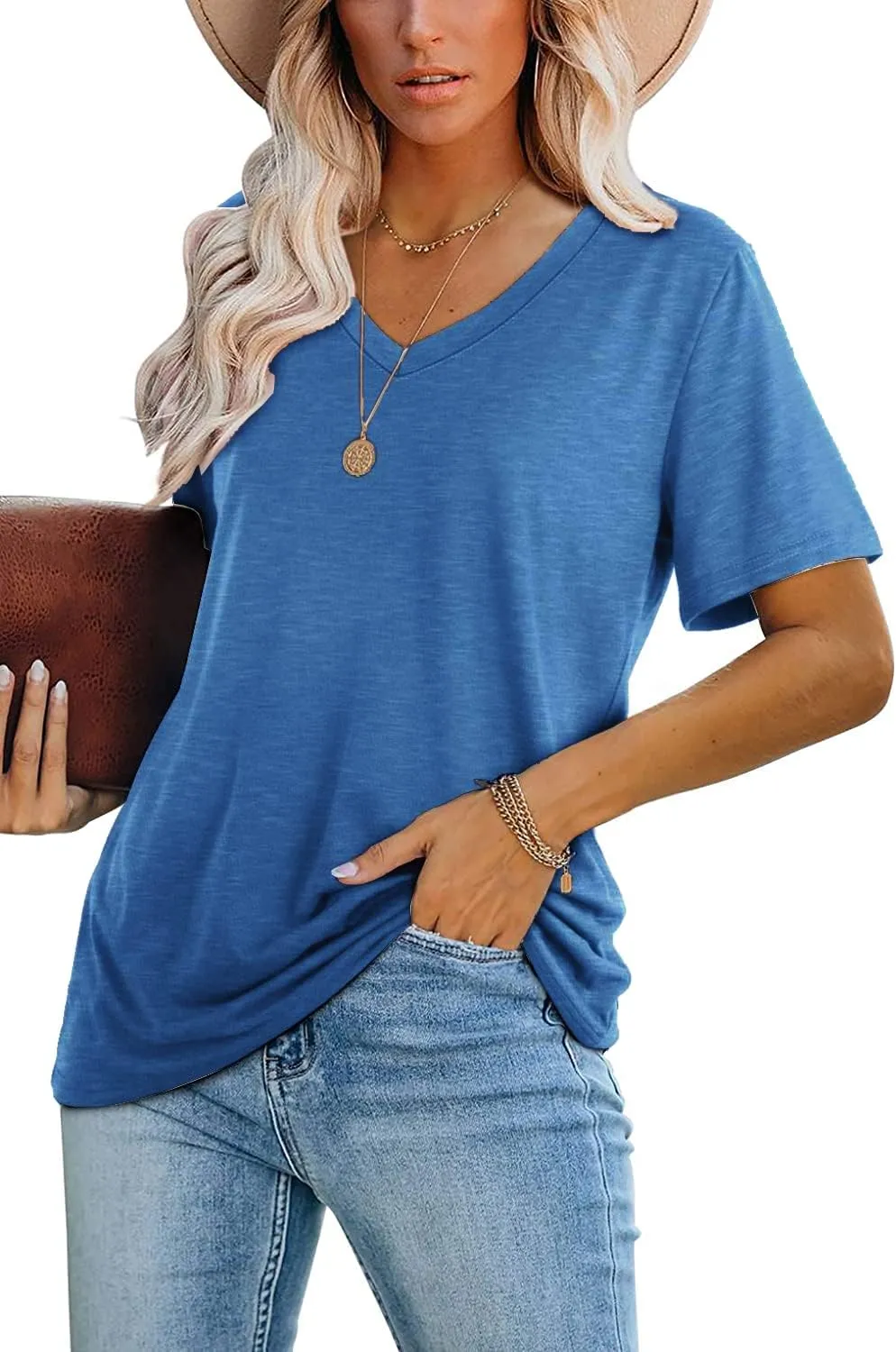 Lunivop Womens Tops Casual V Neck Short Sleeve Solid Color Basic T Shirt