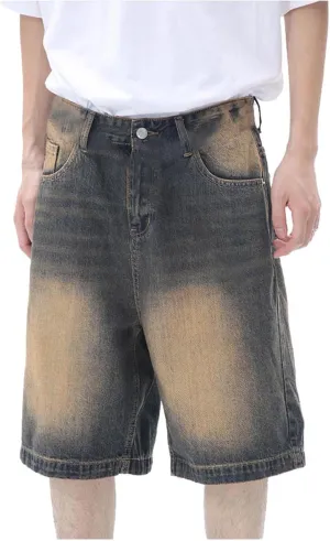 Men Baggy Denim Jorts Y2K Vintage Loose Hip Hop Jean Shorts Wide Leg Long Jeans with Pockets Streetwear