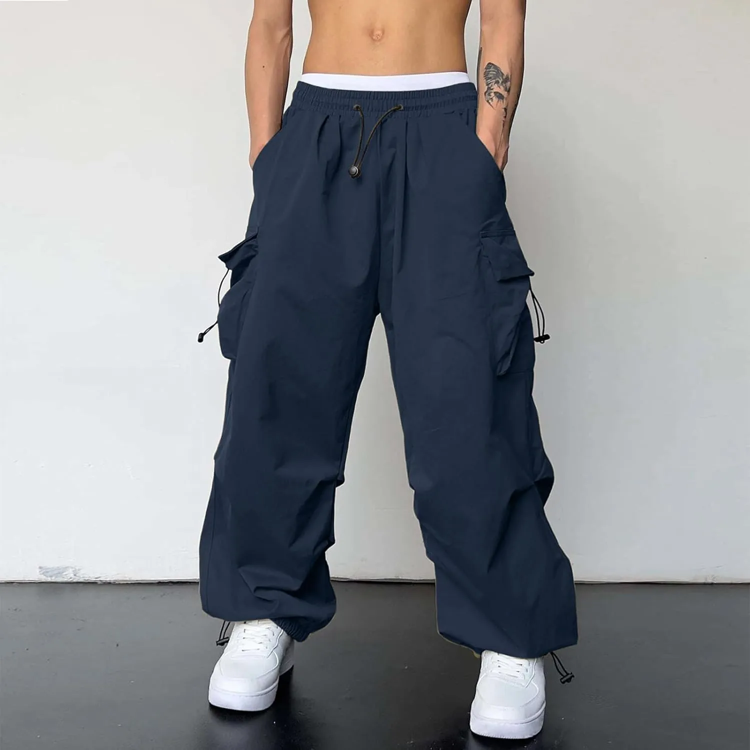 Men Cargo Pant Casual Work Pant Elastic Waist Loose Fit Combat Harem Joggers with Pockets