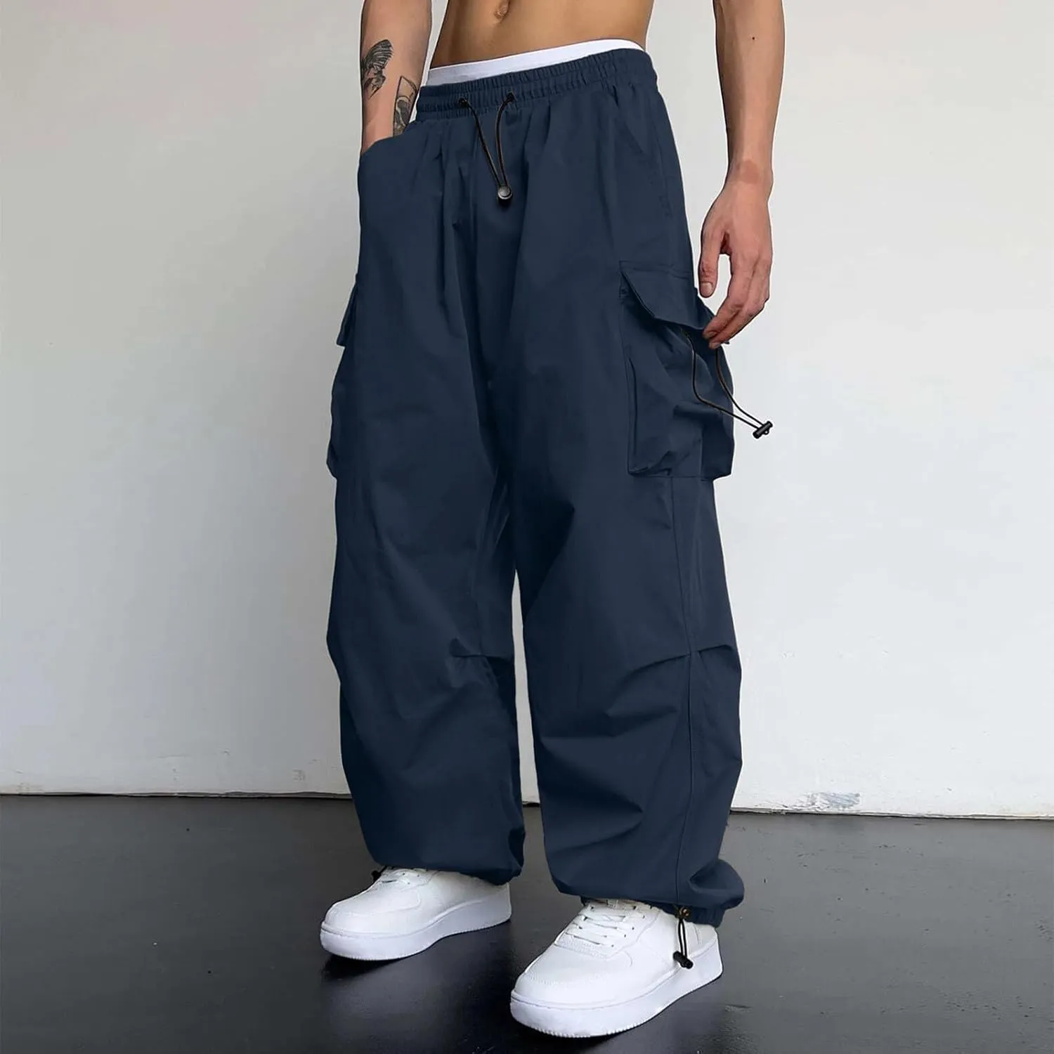 Men Cargo Pant Casual Work Pant Elastic Waist Loose Fit Combat Harem Joggers with Pockets