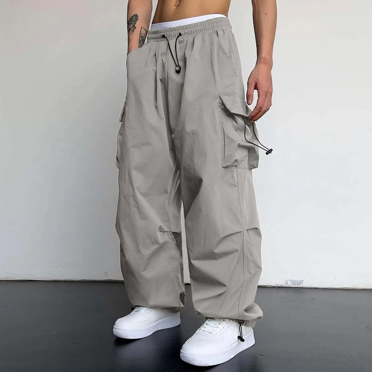 Men's Baggy Cargo Pants Casual Parachute Cargo Pants Stretch Loose Fit Harem Joggers Multi Pockets