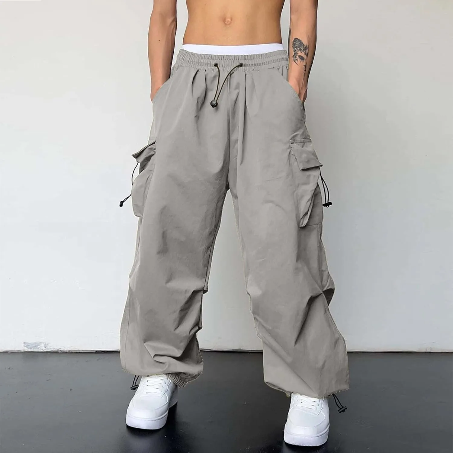 Men's Baggy Cargo Pants Casual Parachute Cargo Pants Stretch Loose Fit Harem Joggers Multi Pockets