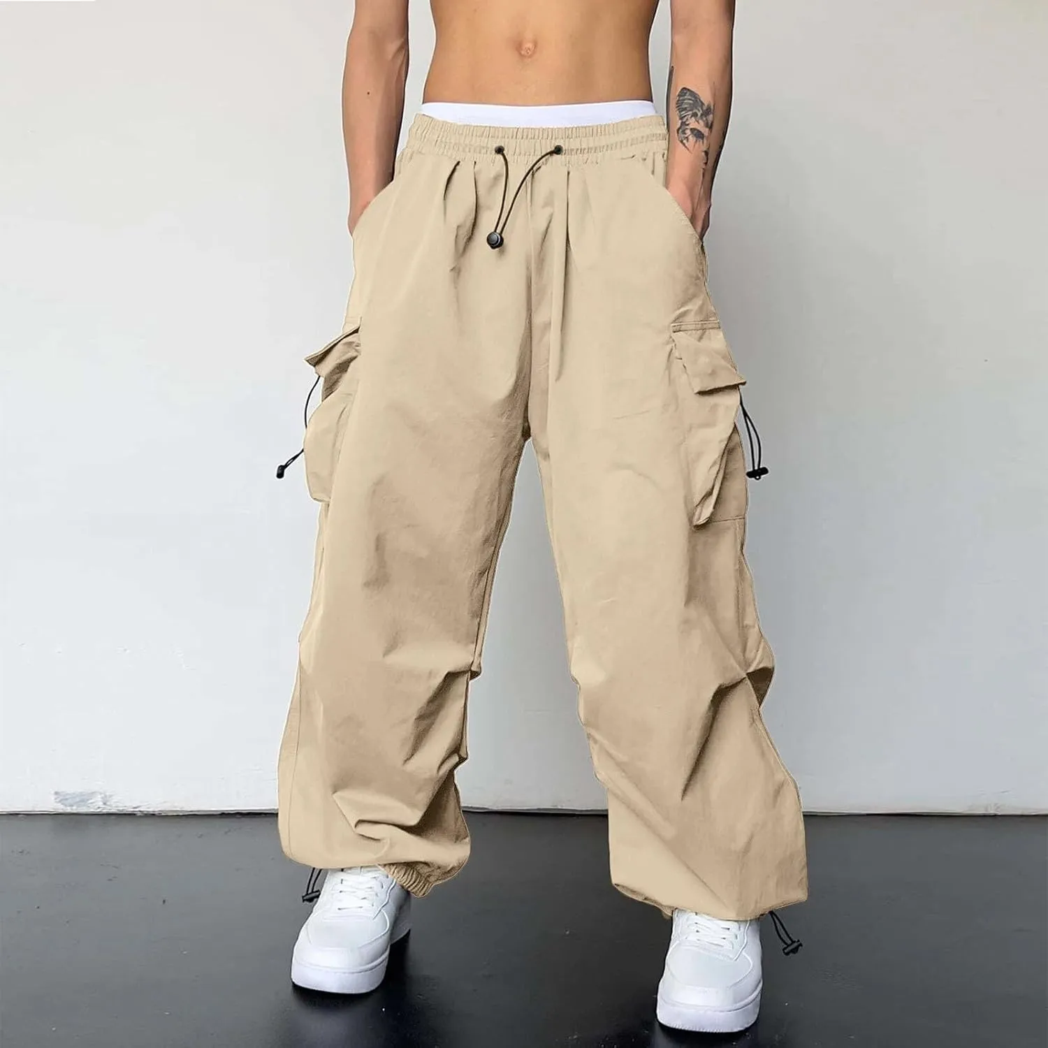 Men's Baggy Cargo Pants Trendy Casual Parachute Pants Cotton Stretch Loose Fit Harem Joggers with Pockets