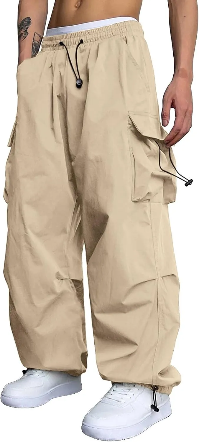 Men's Baggy Cargo Pants Trendy Casual Parachute Pants Cotton Stretch Loose Fit Harem Joggers with Pockets