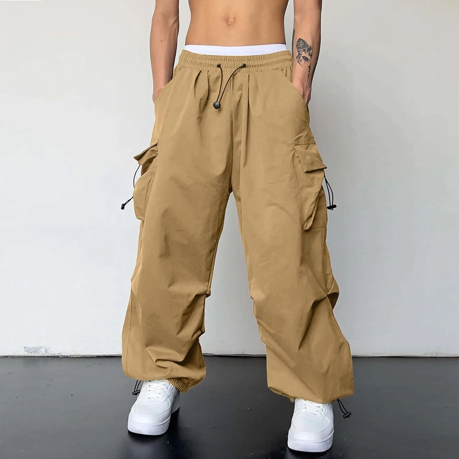 Mens Cargo Pants Casual Loose Fit Wide Leg Elasticated Waist Pant Sweatpants with Pockets
