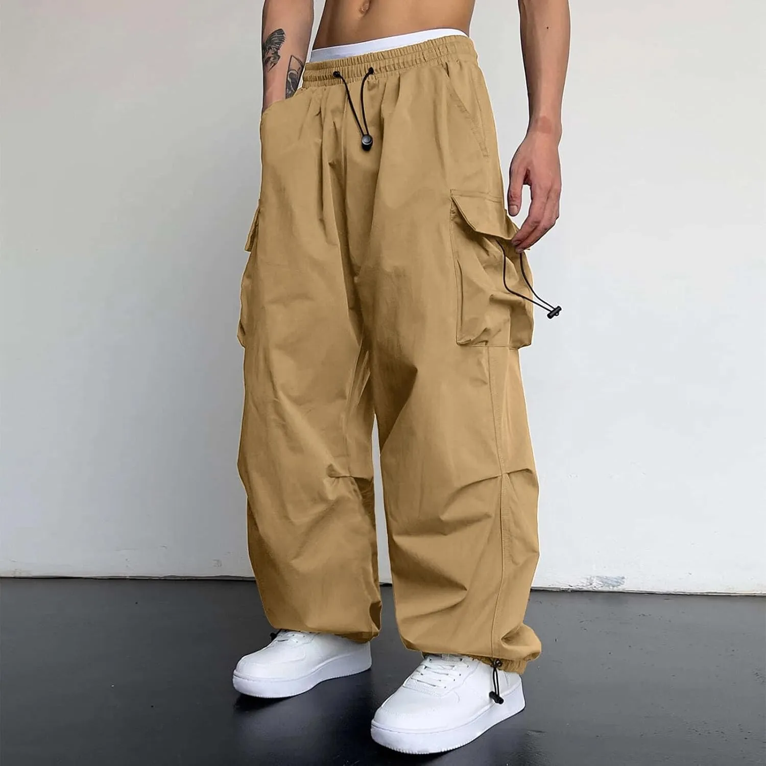 Mens Cargo Pants Casual Loose Fit Wide Leg Elasticated Waist Pant Sweatpants with Pockets