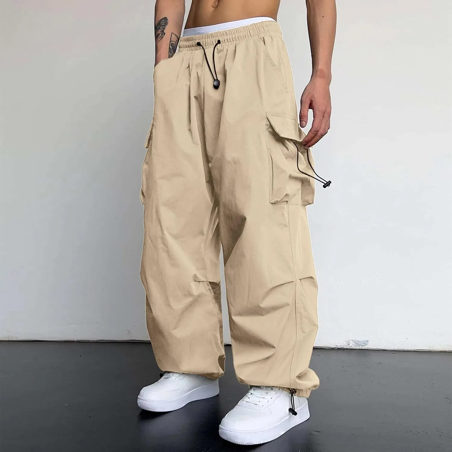 Mens Cargo Pants Loose Fit Casual Joggers Drawstring Waist Cargo Chino Pant with Pockets